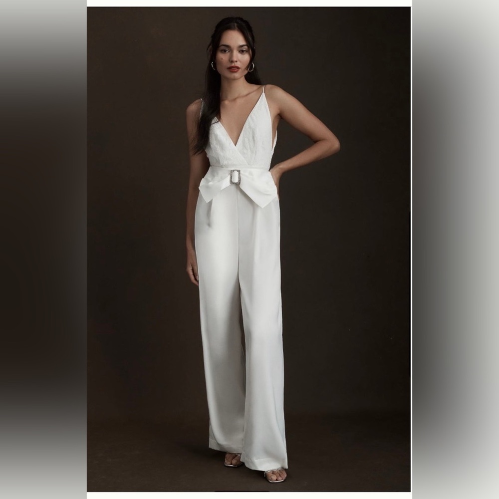 Anthropologie Ronny Kobo Nole ivory DEEP-V BELTED WIDE-LEG JUMPSUIT